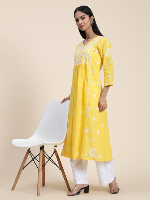 Hand embroidery Chikankari V Neck Anarkali Dress | Long Kurti in Cotton For Women